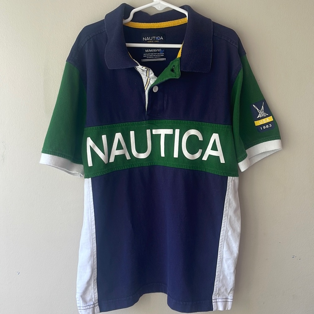 VTG NÁUTICA 90s Y2K Color Block Polo Rugby Spell Out Shirt Kids Size 10/12